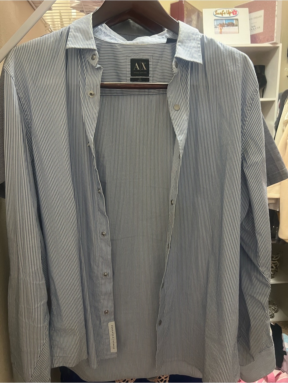 Armani Exchange Blue and White Pinstripe Button-Down Shirt